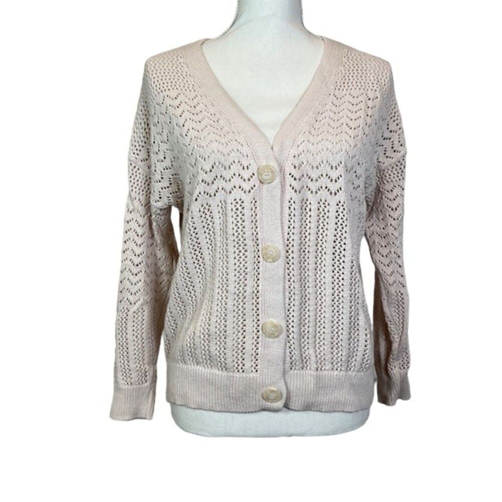 Artelier Nicole Miller Open Knit Summer‎ Cardigan Button Front Beige XS